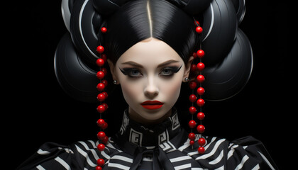 Glamorous woman with a black hairstyle and red beads on her hair.