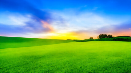 Obraz premium Sunset over green field landscape. Beautiful natural agricultural in the summertime 25.