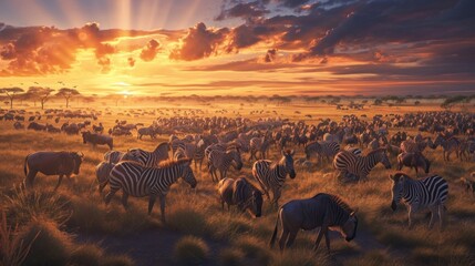  a large herd of zebras and wildebeests grazing in a field with the sun setting in the background and clouds in the sky overcast sky above them.