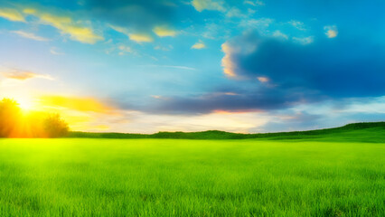 Fototapeta na wymiar Sunset over green field landscape. Beautiful natural agricultural in the summertime 22.