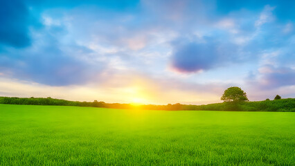 Obraz premium Sunset over green field landscape. Beautiful natural agricultural in the summertime 16.