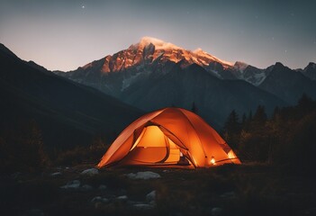 Glowing orange tent camping in the mountains in front of majestic mountain range 