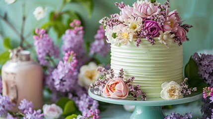  a close up of a cake on a plate with flowers on it and a bottle of lotion in front of a bunch of flowers on the side of the table.