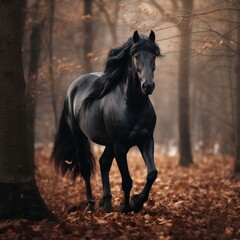 Obraz na płótnie Canvas A black horse runs through a field with trees in the background. Ai generated art