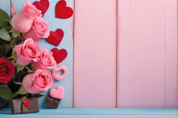  Red Roses Chocolate Hearts on wooden background roses arrangement for Valentines Day Top view 