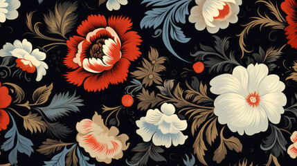 Traditional Russian floral pattern. Vibrant Spirit of Russia with Authentic flowers pattern on black background