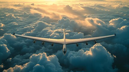 A solar-powered airplane soaring above clouds, embodying the harmony of technology and renewable energy in air travel.