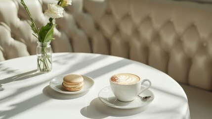  a cup of coffee sits on a saucer next to a plate with a macaroni and cheese on it, and a vase with flowers in the background.