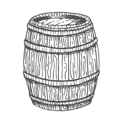 Wood barrels. Hand-drawn engraving style illustrations.