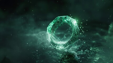 A sparkling and iridescent emerald ring, pure dark background, Dreamlike atmosphere, wallpaper,  - obrazy, fototapety, plakaty