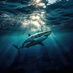 Fototapeta premium The great white shark gracefully glides through the sea