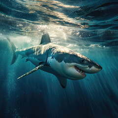 The great white shark gracefully glides through the sea