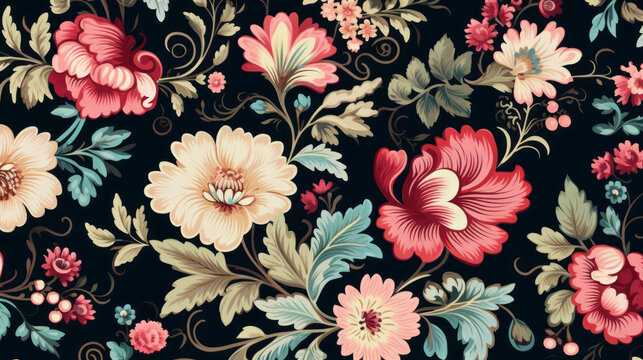 Traditional Russian floral pattern. Vibrant Spirit of Russia with Authentic flowers pattern on black background