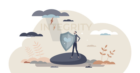 Integrity in business with company moral values strength tiny person concept, transparent background. Successful businessman with reliable principles and strong standards illustration.