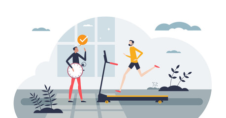 Obraz premium Personal trainer for sport activities for better results tiny person concept, transparent background. Professional coach assistance for effective training process regarding to plan illustration.