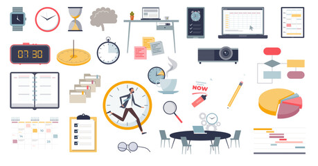 Time management objects and daily schedule planning tiny person concept, transparent background. Deadline elements for appointment organization and meetings illustration.