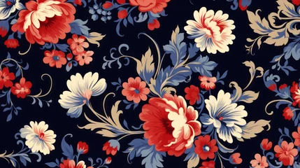 Fotobehang Traditional Russian floral pattern. Vibrant Spirit of Russia with Authentic flowers pattern on black background © Vladimir