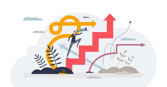 Choosing career path and business strategy for future tiny person concept, transparent background. Planning occupation or professional goals illustration. Dilemma and choice for work opportunities.