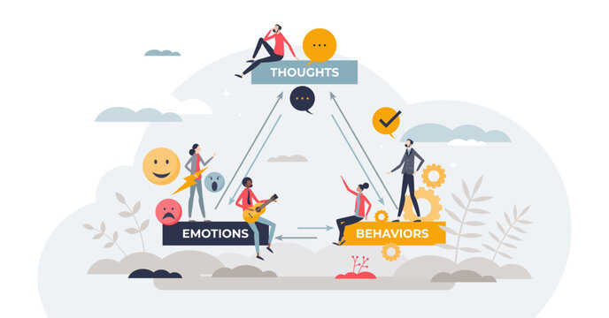 CBT or cognitive behavioral therapy for mental problems tiny person concept, transparent background. Psychotherapy treatment session with counseling methods illustration.