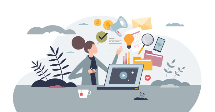 Digital marketing course and e-learning online skills tiny person concept, transparent background. Use internet for social media and professional blogging strategies illustration.