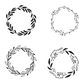 Doodle botanical circle frame. Hand-drawn round line border, leaves and flowers, wedding invitation and cards, logo design, and poster template.