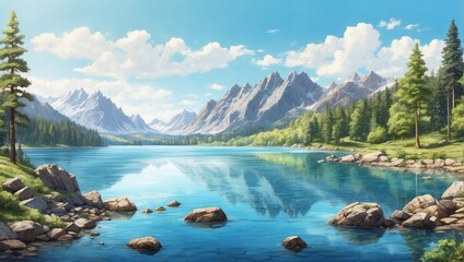 photo of a lake view with clear blue water in the middle of the forest made by AI generative