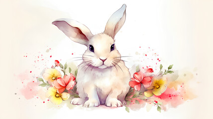 Cute Easter bunny in watercolor with wildflowers. Easter bunnies, watercolor painting.