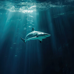 Shark swimming underwater with small fish around