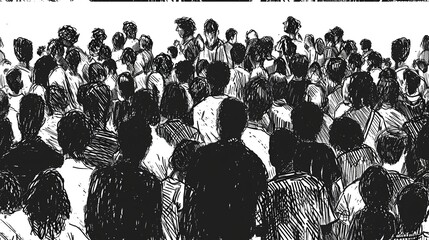 A monochrome illustration depicting a diverse group of individuals from behind, in a crowded setting, rendered in a sketch style with black and white shading. - obrazy, fototapety, plakaty