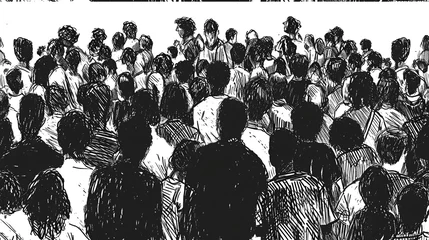 Fotobehang A monochrome illustration depicting a diverse group of individuals from behind, in a crowded setting, rendered in a sketch style with black and white shading. © TensorSpark