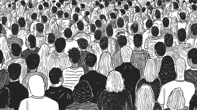 A monochrome illustration featuring a dense gathering of diverse individuals in a continuous, seamless pattern, ideal for backgrounds or textile designs.