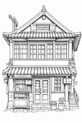 Coloring book, vintage of ramen shop in Japan.  on a white background