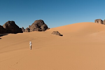 Oued Taghine rock formations in the tourist area of Immourouden, near the town of Djanet. Tassili n Ajjer National Park. Sahara desert.  Algeria. Africa.