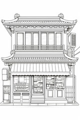 Coloring book, vintage of ramen shop in Japan.  on a white background