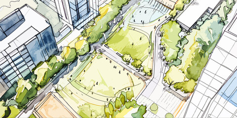 Urban project planning green sustainable design concept sketch - aerial view