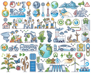 Climate change solutions and global warming destruction outline collection set, transparent background. Elements with alternative energy and green practices illustration.
