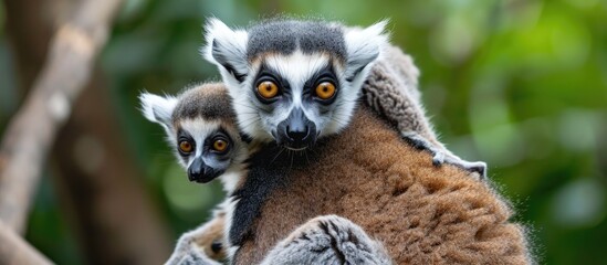 Obraz premium Mother ring-tailed lemur carrying cub on back.