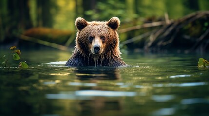Fototapeta premium Majestic brown bear enjoying a serene moment in the crystal clear water of a tranquil river