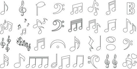 Naklejka na ściany i meble Musical notes vector, black line art on white background, perfect for music sheets, compositions, symphony illustrations. Elegant design elements for musical theme content