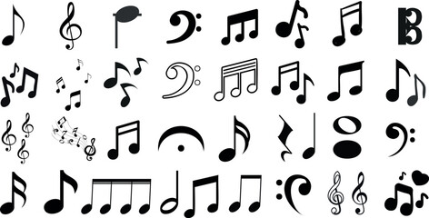 Musical notes vector icons, black symbols, white background. Melody, harmony, music design elements for web, app. Elegant style, treble, bass, quarter, eighth, sixteenth notes - obrazy, fototapety, plakaty