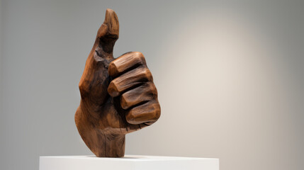 Sculpture of the Hand made of wood shows a thumb up. The hand shows like in the museum. Modern art object
 - obrazy, fototapety, plakaty