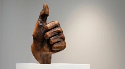 Foto op Plexiglas Sculpture of the Hand made of wood shows a thumb up. The hand shows like in the museum. Modern art object  © Vladimir