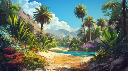 Fototapeta na wymiar a painting of a tropical scene with palm trees and a blue pool in the middle of a dirt path surrounded by greenery and a mountain range in the background.