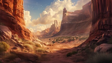  an artist's rendering of a desert landscape with mountains, rocks, and a river running through the middle of the desert, with a bird flying in the sky.