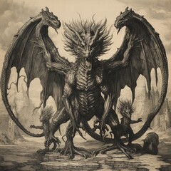 A drawing of a picture of a terrible dragon of old. Ai generated art - obrazy, fototapety, plakaty
