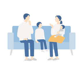ソファで話し合う家族