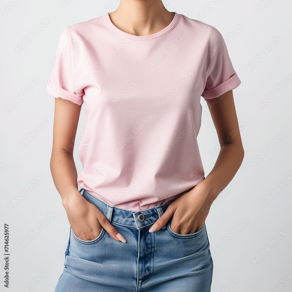 Wall mural Pink T-shirt Mockup, Woman, Girl, Female, Model, Wearing a Pink Tee Shirt and Blue Jeans, Oversized Blank Shirt Template, White Background, Close-up View