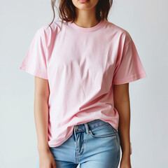 Pink T-shirt Mockup, Woman, Girl, Female, Model, Wearing a Pink Tee Shirt and Blue Jeans, Oversized Blank Shirt Template, White Background, Close-up View