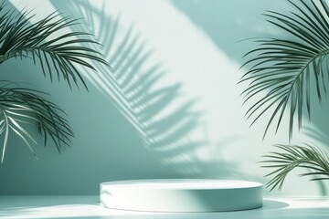 Abstract mint background with podium and tropical palm leaves with shadows