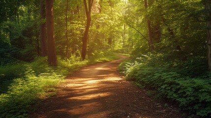 Obraz premium a dirt road in the middle of a forest with lots of trees and bushes on both sides of the dirt road and the sun shining through the trees on the other side of the path.